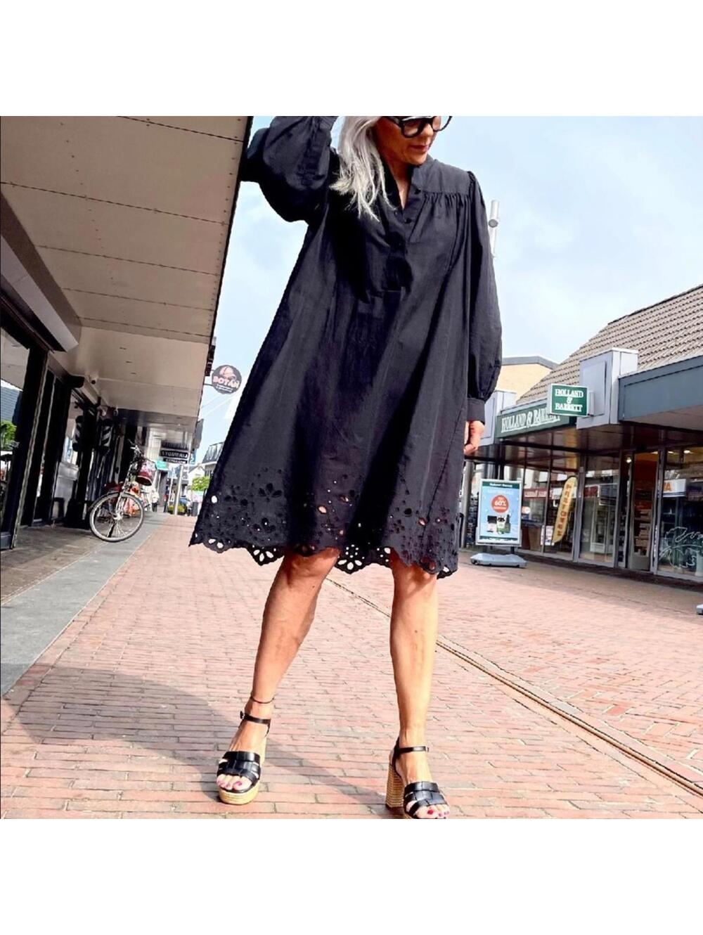 Second Female Black Eyelet Cotton Midi Dress Balloon Sleeve Boho Chic XL